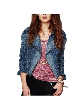 Free People Punched Denim Moto Jacket Herringbone Distressed Blue Jean Women 0